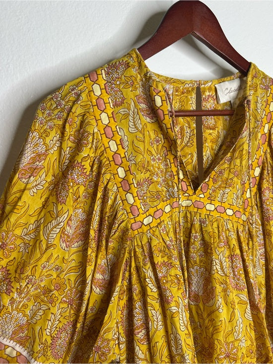 Cleobella 100% Cotton Yellow Tan Neutral Balloon Sleeve Peasant Style Blouse Top