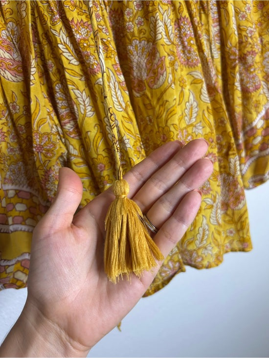 Cleobella 100% Cotton Yellow Tan Neutral Balloon Sleeve Peasant Style Blouse Top