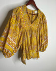 Cleobella 100% Cotton Yellow Tan Neutral Balloon Sleeve Peasant Style Blouse Top