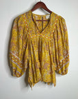 Cleobella 100% Cotton Yellow Tan Neutral Balloon Sleeve Peasant Style Blouse Top