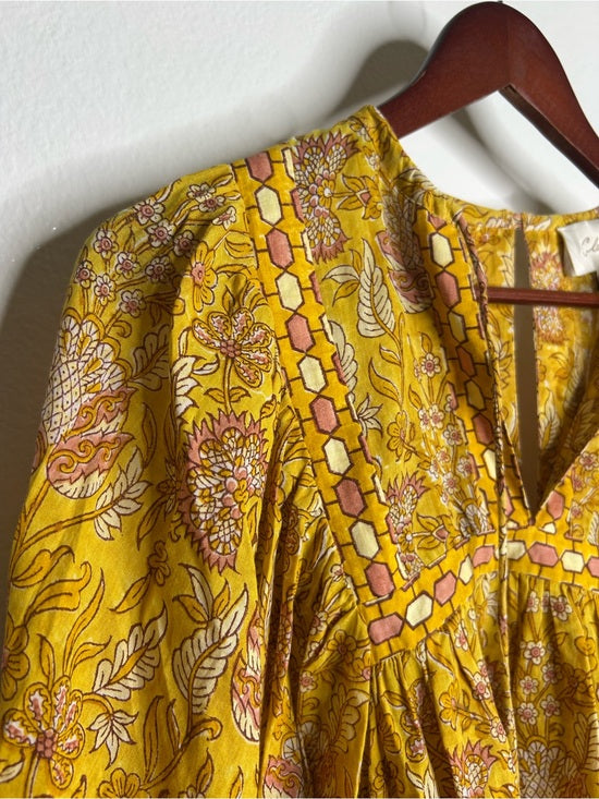 Cleobella 100% Cotton Yellow Tan Neutral Balloon Sleeve Peasant Style Blouse Top