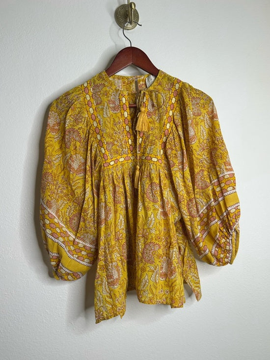 Cleobella 100% Cotton Yellow Tan Neutral Balloon Sleeve Peasant Style Blouse Top