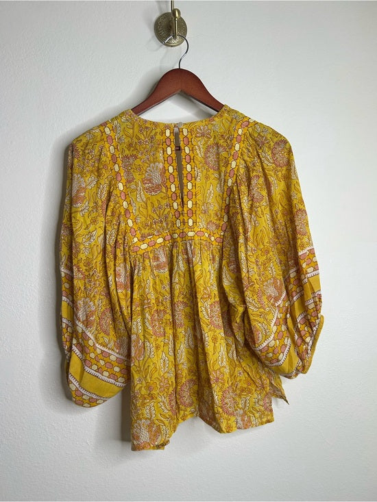 Cleobella 100% Cotton Yellow Tan Neutral Balloon Sleeve Peasant Style Blouse Top