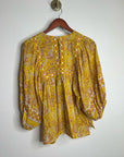 Cleobella 100% Cotton Yellow Tan Neutral Balloon Sleeve Peasant Style Blouse Top