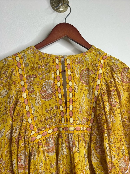 Cleobella 100% Cotton Yellow Tan Neutral Balloon Sleeve Peasant Style Blouse Top