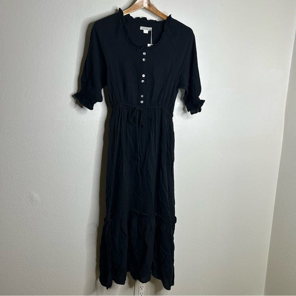 Outerknown Outerknown 100% Organic Cotton Button Down Tie Waist Black Maxi Dress