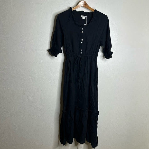 Outerknown Outerknown 100% Organic Cotton Button Down Tie Waist Black Maxi Dress