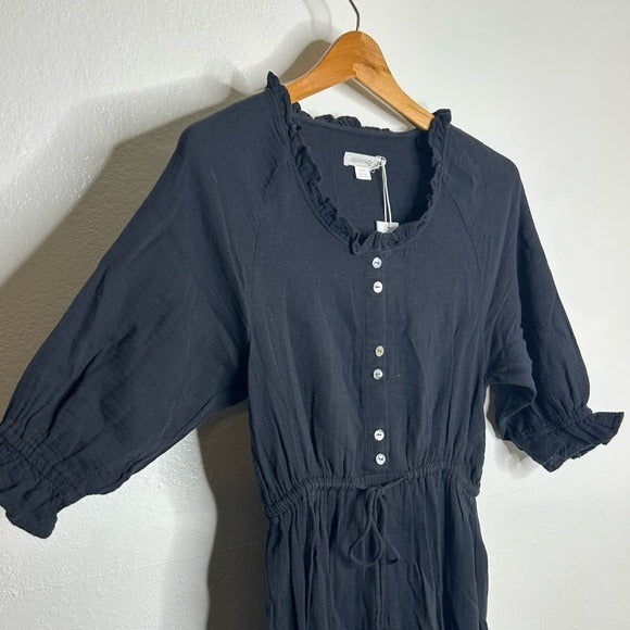 Outerknown Outerknown 100% Organic Cotton Button Down Tie Waist Black Maxi Dress