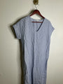Pure Navy 100% Linen Blue White Striped V - Neck Shift Tunic Midi Dress