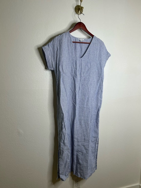 Pure Navy 100% Linen Blue White Striped V - Neck Shift Tunic Midi Dress