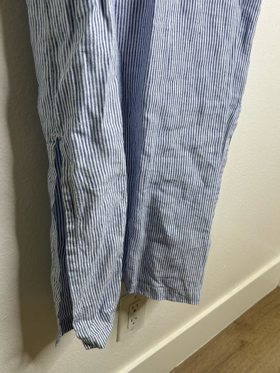 Pure Navy 100% Linen Blue White Striped V - Neck Shift Tunic Midi Dress