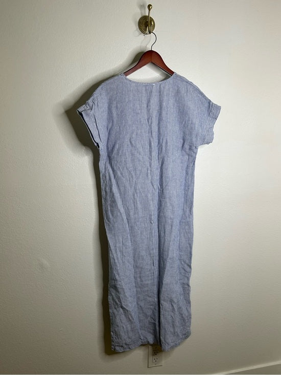 Pure Navy 100% Linen Blue White Striped V - Neck Shift Tunic Midi Dress