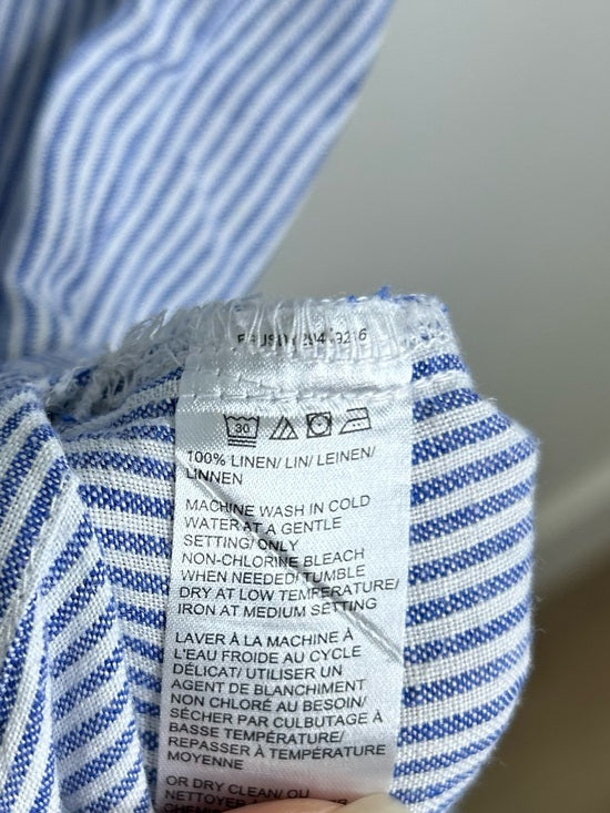 Pure Navy 100% Linen Blue White Striped V - Neck Shift Tunic Midi Dress