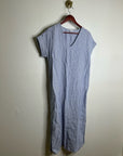 Pure Navy 100% Linen Blue White Striped V - Neck Shift Tunic Midi Dress