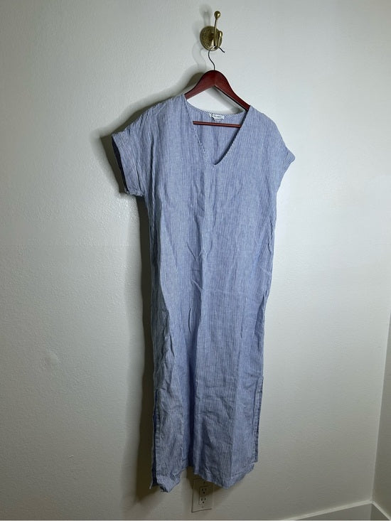 Pure Navy 100% Linen Blue White Striped V - Neck Shift Tunic Midi Dress
