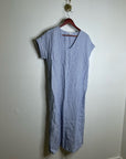 Pure Navy 100% Linen Blue White Striped V - Neck Shift Tunic Midi Dress
