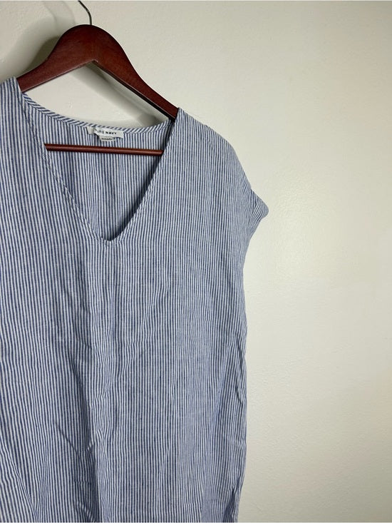Pure Navy 100% Linen Blue White Striped V - Neck Shift Tunic Midi Dress