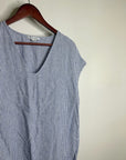 Pure Navy 100% Linen Blue White Striped V - Neck Shift Tunic Midi Dress