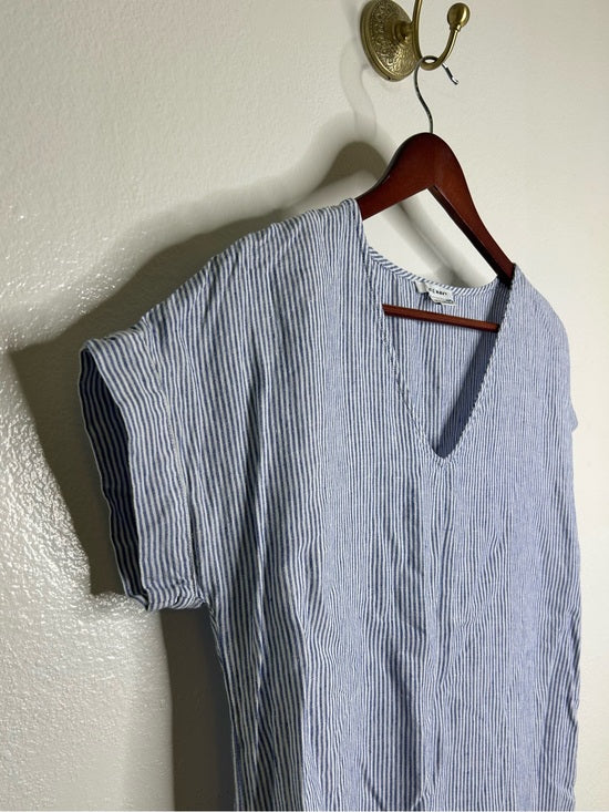 Pure Navy 100% Linen Blue White Striped V - Neck Shift Tunic Midi Dress