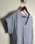 Pure Navy 100% Linen Blue White Striped V - Neck Shift Tunic Midi Dress