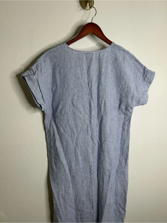 Pure Navy 100% Linen Blue White Striped V - Neck Shift Tunic Midi Dress
