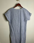 Pure Navy 100% Linen Blue White Striped V - Neck Shift Tunic Midi Dress