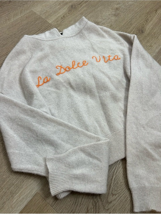 House of Harlow 100% Cashmere 'La Dolce Vita' Embroidered Tan Hooded Sweater