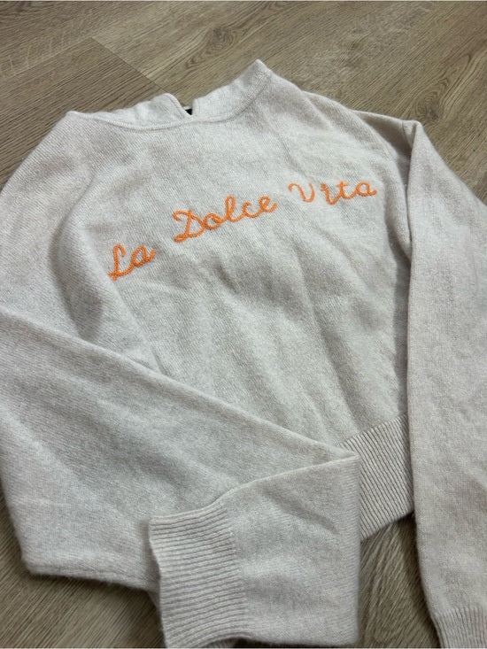 House of Harlow 100% Cashmere 'La Dolce Vita' Embroidered Tan Hooded Sweater