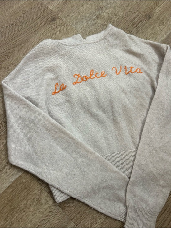 House of Harlow 100% Cashmere 'La Dolce Vita' Embroidered Tan Hooded Sweater