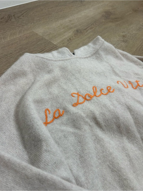 House of Harlow 100% Cashmere 'La Dolce Vita' Embroidered Tan Hooded Sweater