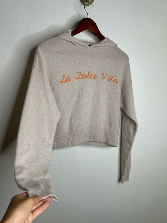 House of Harlow 100% Cashmere 'La Dolce Vita' Embroidered Tan Hooded Sweater