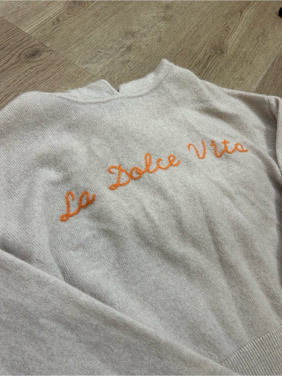 House of Harlow 100% Cashmere 'La Dolce Vita' Embroidered Tan Hooded Sweater