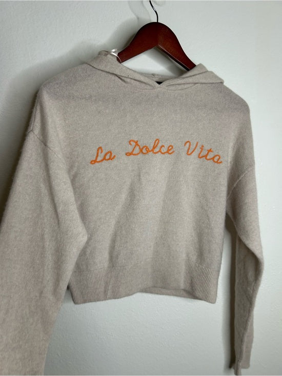 House of Harlow 100% Cashmere 'La Dolce Vita' Embroidered Tan Hooded Sweater