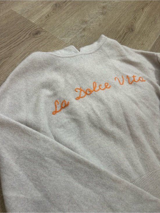 House of Harlow 100% Cashmere 'La Dolce Vita' Embroidered Tan Hooded Sweater