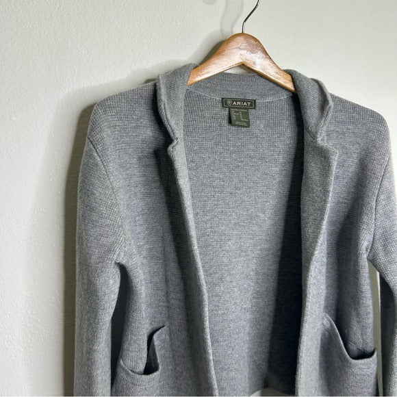 Ariat 100% Merino Wool Open Front Knit Jacket Cardigan Sweater Gray