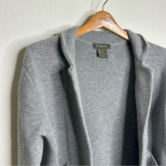 Ariat 100% Merino Wool Open Front Knit Jacket Cardigan Sweater Gray