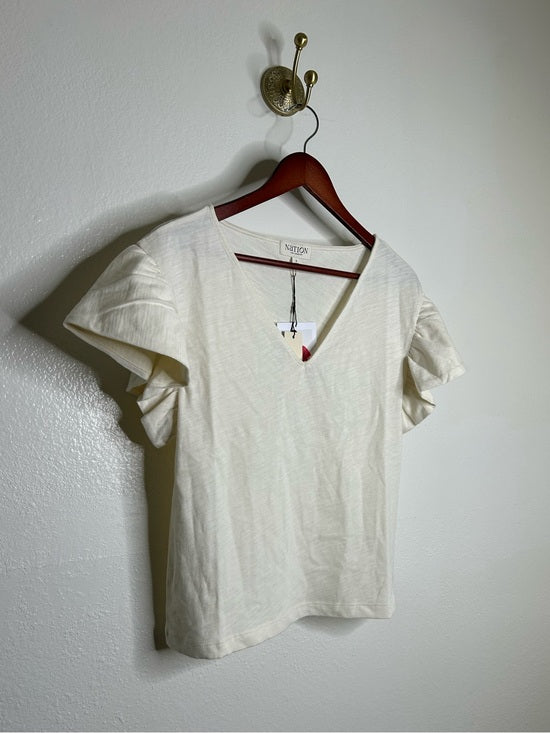 Nation LTD Nation LA 100% Cotton Emmy Cream Flutter Sleeve V - Neck Blouse Top - Cotton