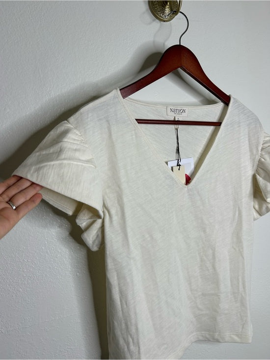 Nation LTD Nation LA 100% Cotton Emmy Cream Flutter Sleeve V - Neck Blouse Top - Cotton