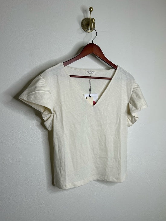 Nation LTD Nation LA 100% Cotton Emmy Cream Flutter Sleeve V - Neck Blouse Top - Cotton