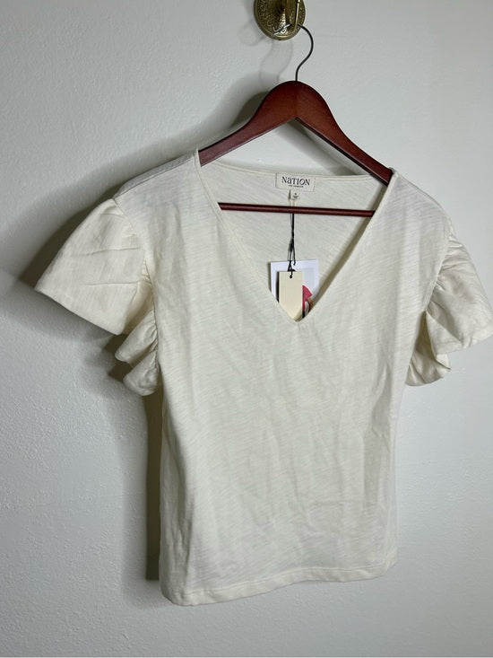 Nation LTD Nation LA 100% Cotton Emmy Cream Flutter Sleeve V - Neck Blouse Top - Cotton