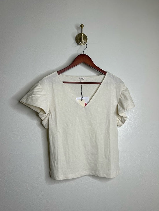 Nation LTD Nation LA 100% Cotton Emmy Cream Flutter Sleeve V - Neck Blouse Top - Cotton