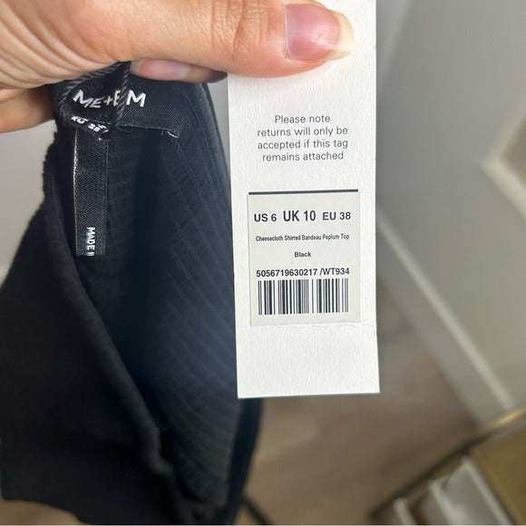 ME + EM Black 100% Cotton Cheesecloth Shirred Bandeau Peplum Top
