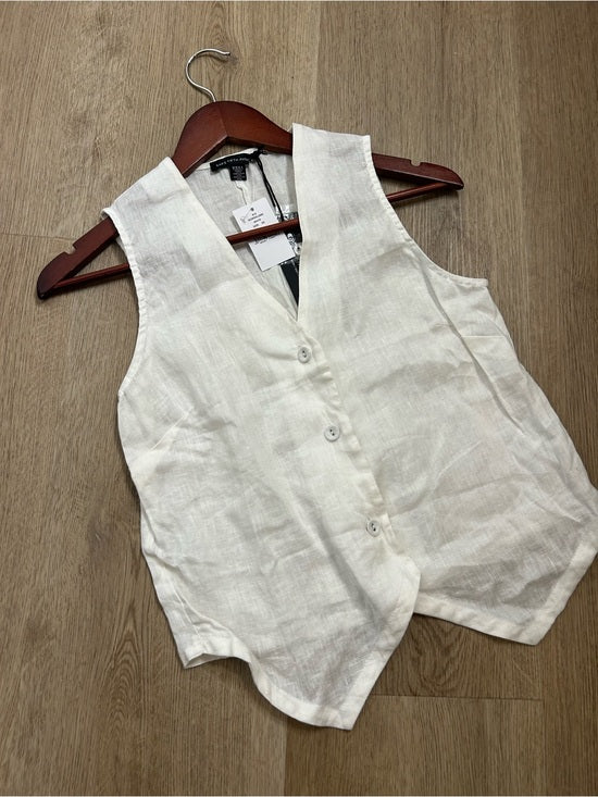Saks Fifth Avenue 100% Linen White Button Down V- Neck Fitted Vest Top