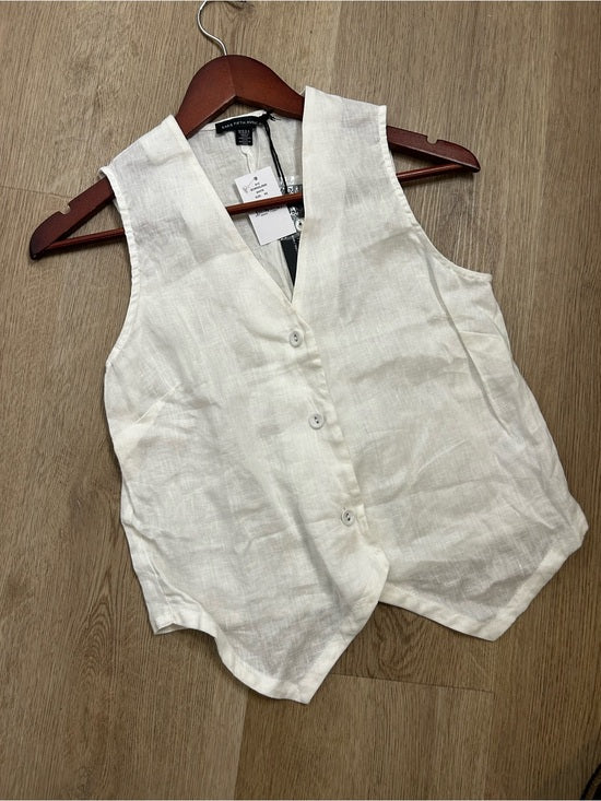 Saks Fifth Avenue 100% Linen White Button Down V- Neck Fitted Vest Top