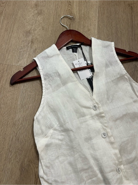 Saks Fifth Avenue 100% Linen White Button Down V- Neck Fitted Vest Top