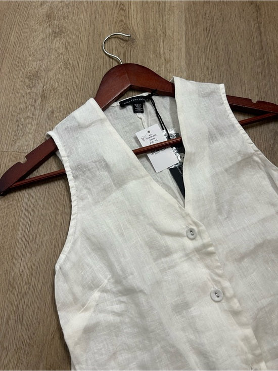 Saks Fifth Avenue 100% Linen White Button Down V- Neck Fitted Vest Top