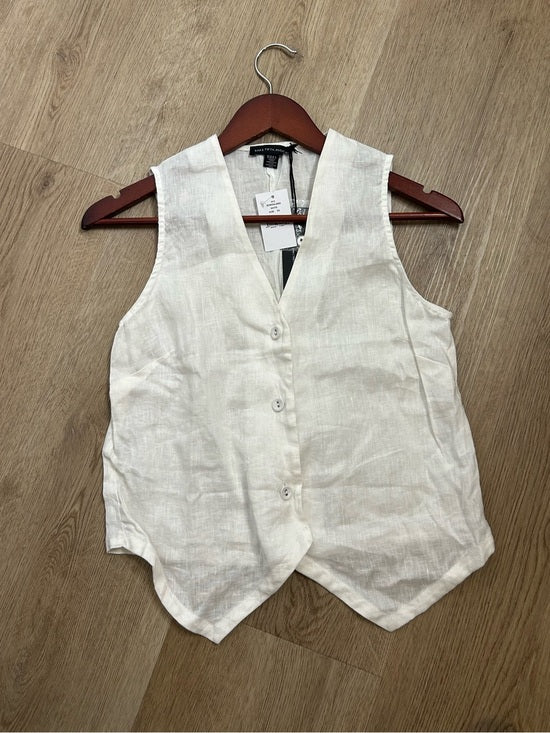 Saks Fifth Avenue 100% Linen White Button Down V- Neck Fitted Vest Top