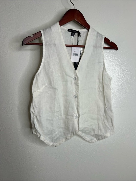 Saks Fifth Avenue 100% Linen White Button Down V- Neck Fitted Vest Top