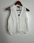 Saks Fifth Avenue 100% Linen White Button Down V- Neck Fitted Vest Top