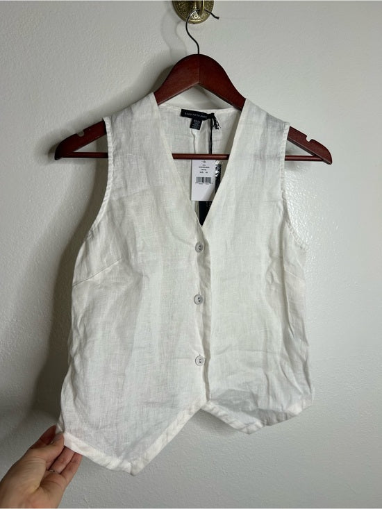 Saks Fifth Avenue 100% Linen White Button Down V- Neck Fitted Vest Top